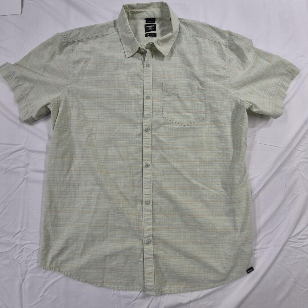 prAna Groveland Shirt Men Extra Large Blue Green Tan Striped Short Sleeve Button